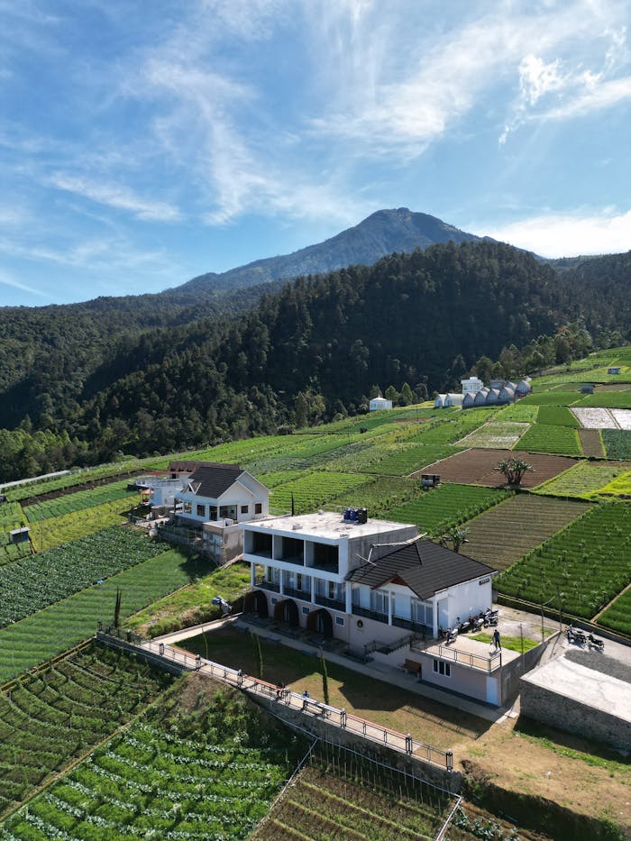 Stunning aerial view of a modern estate surrounded by lush farmland and mountain backdrop.